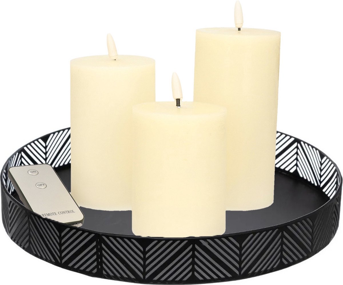 Anna's Collection Anna Collection LED kaarsen - 3x stuks - creme wit - met zwart rond dienblad - kaarsenbord - D29 cm - metaal