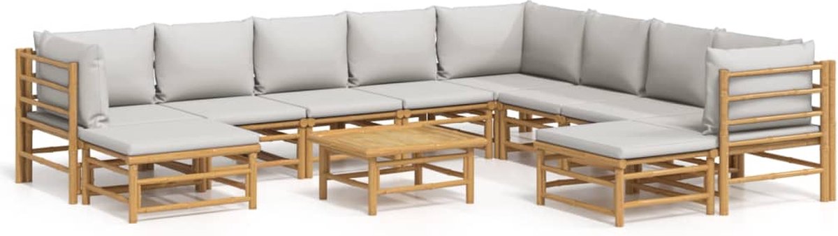 vidaXL 11-delige - Loungeset - met - kussens - bamboe - lichtgrijs