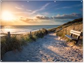 Muurdecoratie buiten Zonsondergang - Strand - Duin - Gras - Bank - 160x120 cm - Tuindoek - Buitenposter Muurdecoratie buiten Zonsondergang - Strand - Duin - Gras - Bank - 160x120 cm
