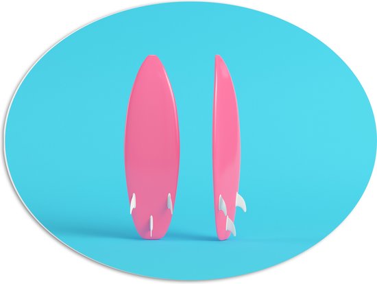 PVC Schuimplaat Ovaal - Twee Roze Surfboads tegen Felblauwe Achtergrond - 80x60 cm Foto op Ovaal (Met Ophangsysteem)
