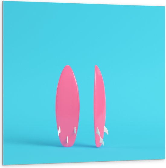 Dibond - Twee Roze Surfboads tegen Felblauwe Achtergrond - 100x100 cm Foto op Aluminium (Wanddecoratie van metaal)