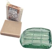 Blok zeep sandalwood 100gr en zeephouder van glas - Natuurlijke ingrediënten - Zeephouder van gerecycled glas - Gebaseerd op essentiële oliën uit Grasse - Mondgeblazen zeephouder