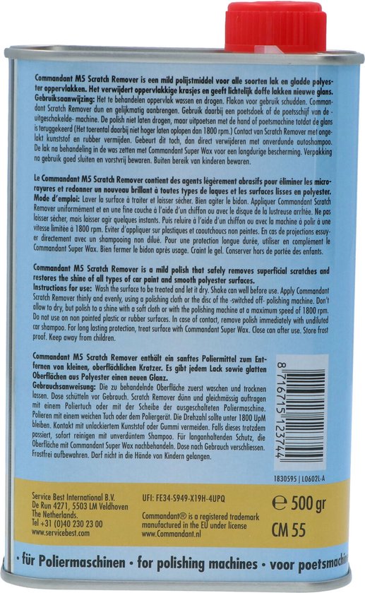 Achterkant van Commandant Scratch Remover M5 blik met productinformatie en streepjescode.