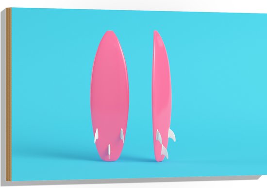 Hout - Twee Roze Surfboads tegen Felblauwe Achtergrond - 90x60 cm - 9 mm dik - Foto op Hout (Met Ophangsysteem)