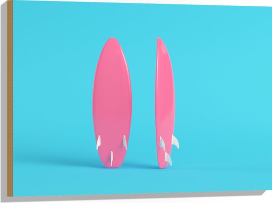 Hout - Twee Roze Surfboads tegen Felblauwe Achtergrond - 80x60 cm - 9 mm dik - Foto op Hout (Met Ophangsysteem)