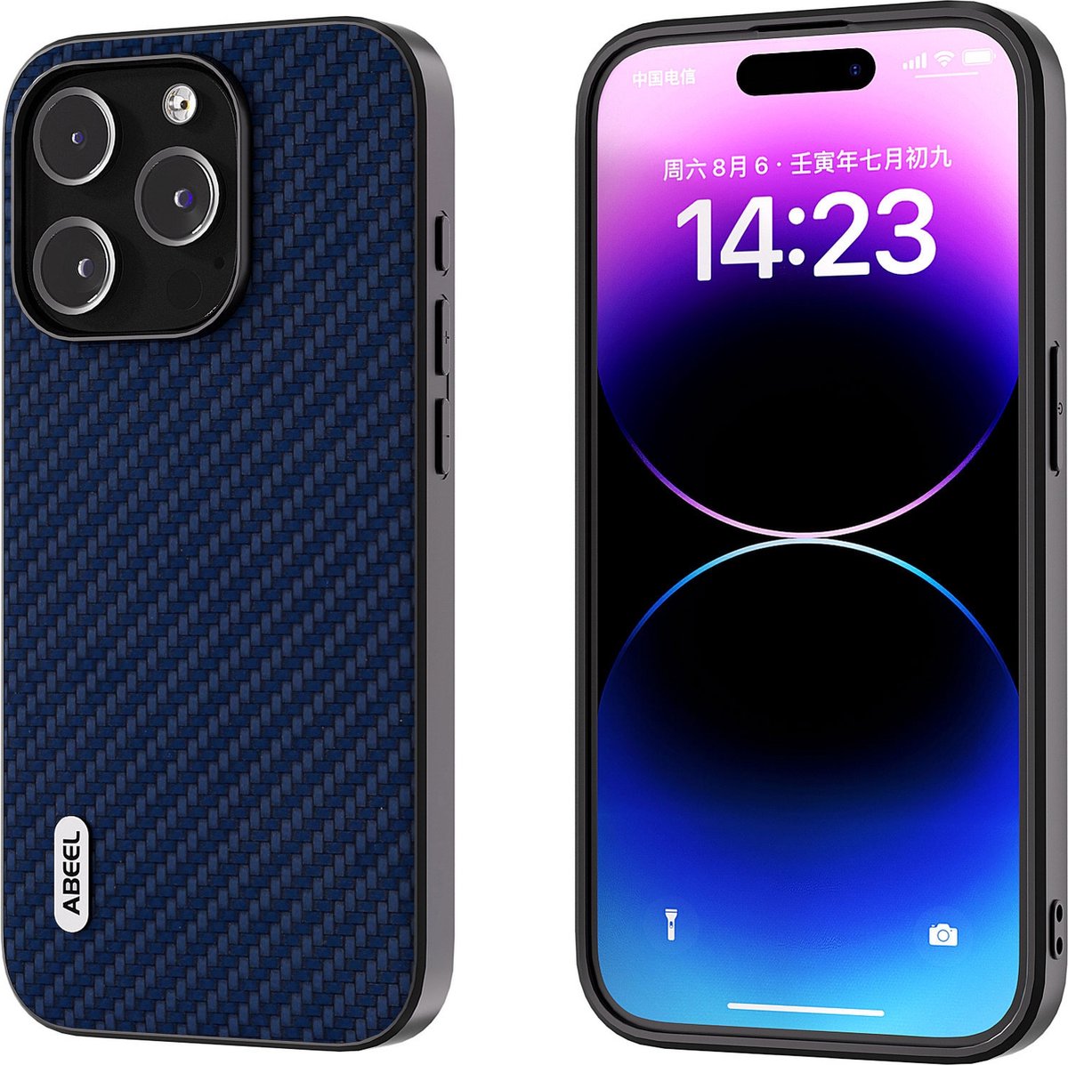 ABEEL carbon beschermende telefoonhoes met koolstofvezel textuur voor iPhone 14 Pro donker blauw