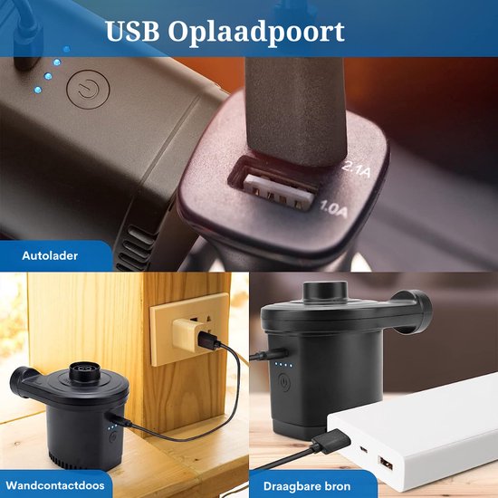 Elektrische Luchtpomp - 5000 Pa, USB 4000 mAh elektrische pomp, 2-in-1 elektrische pomp, powerpomp, inflator/deflator met 3 luchtsproeiers, voor luchtbed, vlotten, banken, boot, zwembadspeelgoed, zwemringen — afbeelding 2