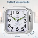 Afmetingen van een zilverkleurige, afgeronde vierkante wekker: 9,5 cm breed, 9,5 cm hoog en 6 cm diep. Wekker heeft witte wijzerplaat met grote zwarte cijfers.
