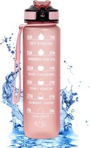 Gourde Motivation Rosé - Gourde 1050 millilitres - Gourde avec paille - Gourde avec marque de temps - Sans BPA - Adultes - Gourde Enfants