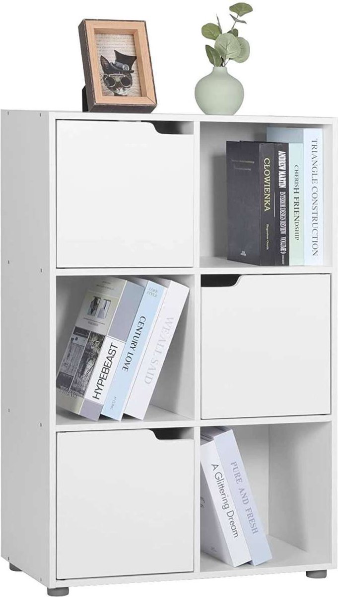 Happyment Boekenkast Nida - 6 Vakken - Wit - 3 Deuren - Boekenrek - Woonkamer, slaapkamer en kinderkamer - Hout - 59.7x29.7x91cm