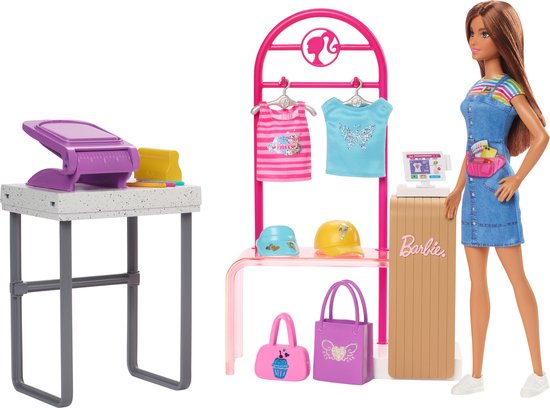 Foto: Barbie winkel maak en verkoopboetiek speelset met uitstalrek en folie barbie pop