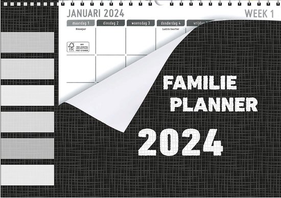MGPcards - Family planner XL 2024 - Week begint op Maandag - 6 personen - Familie - Zwart