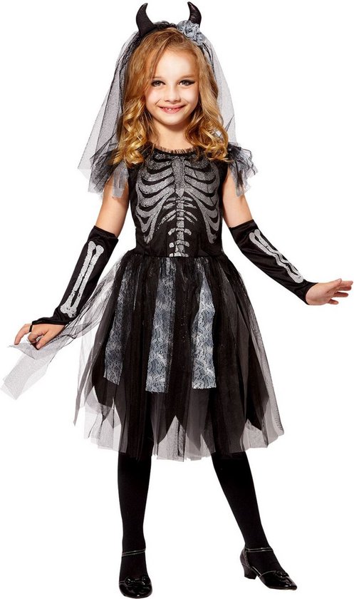 Widmann - Spook & Skelet Kostuum - Skelet Lassander Bruid - Meisje - Zwart - Maat 116 - Halloween - Verkleedkleding