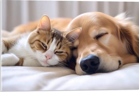 Acrylglas - Hond en kat liggen tegen elkaar aan te slapen - 60x40 cm Foto op Acrylglas (Wanddecoratie op Acrylaat)