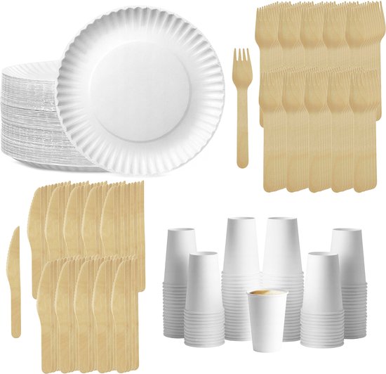 Set de vaisselle jetable écologique - assiettes + tasse + couverts