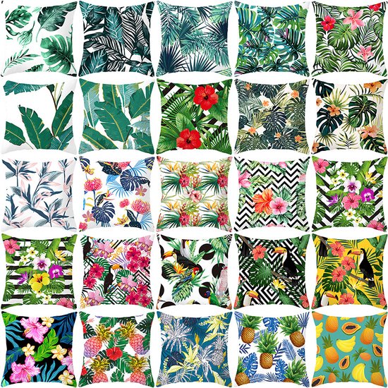 Une grille de 24 coussins avec divers motifs tropicaux, floraux et animaliers, dont des toucans et des ananas.