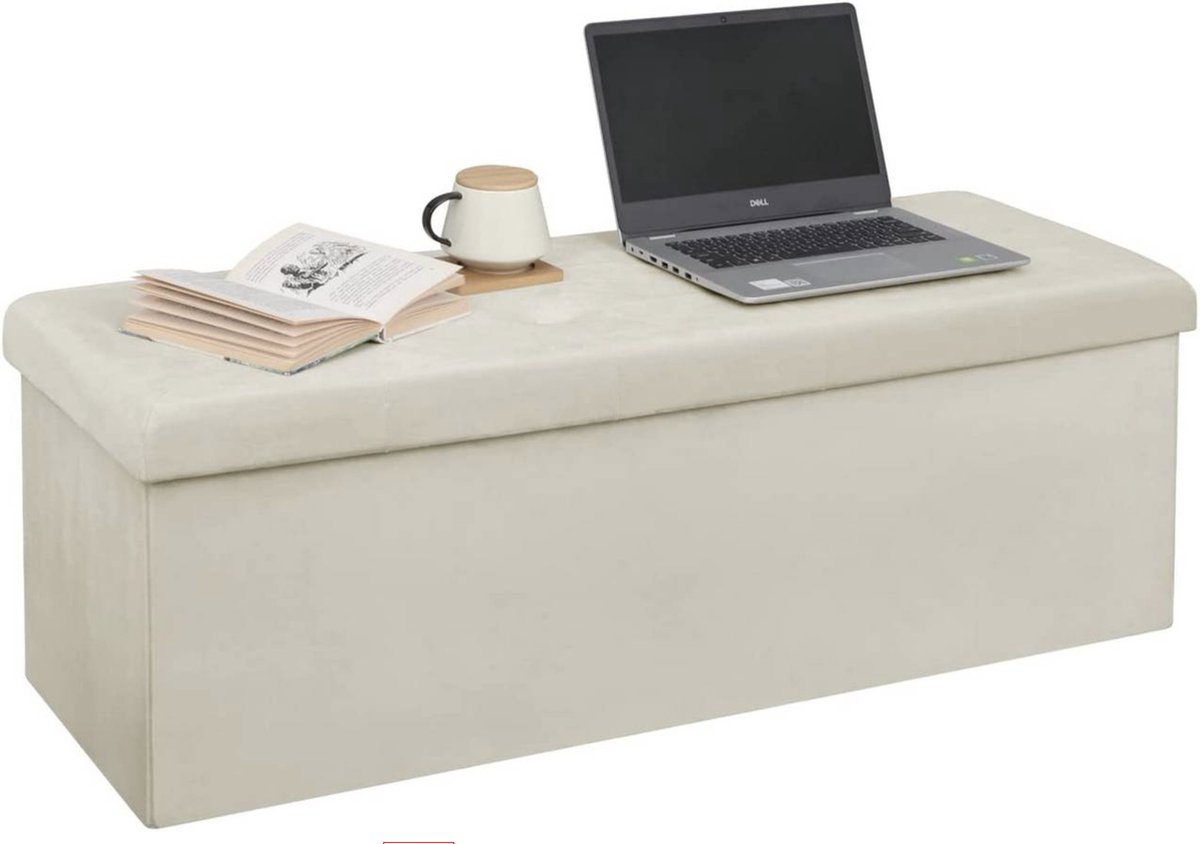 Luxe Opbergbank Nuni - Met opbergruimte - Zitbank Poef - Voetenbank - Opbergbox hocker - Zitkist met deskel - Creme - Velvet - 110x37.5x38cm
