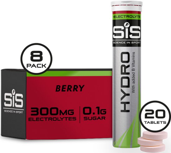 SiS Hydro buistabletten Berry, 8 pack, 20 tabletten, 300mg elektrolyten, 0.1g suiker. Met toegevoegde B vitamines.