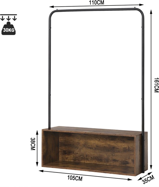 Happyment Kledingrek Kola - Met opbergruimte - Vintage 2 in 1 - Garderobekast organizer schoenenrek - Garderoberek - Opbergruimte - Kledingkast hout - Bruin