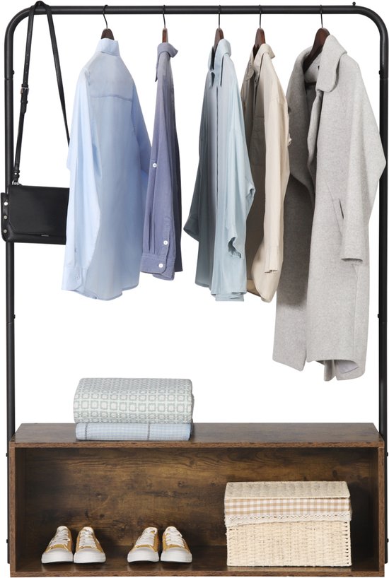 Happyment Kledingrek Kola - Met opbergruimte - Vintage 2 in 1 - Garderobekast organizer schoenenrek - Garderoberek - Opbergruimte - Kledingkast hout - Bruin