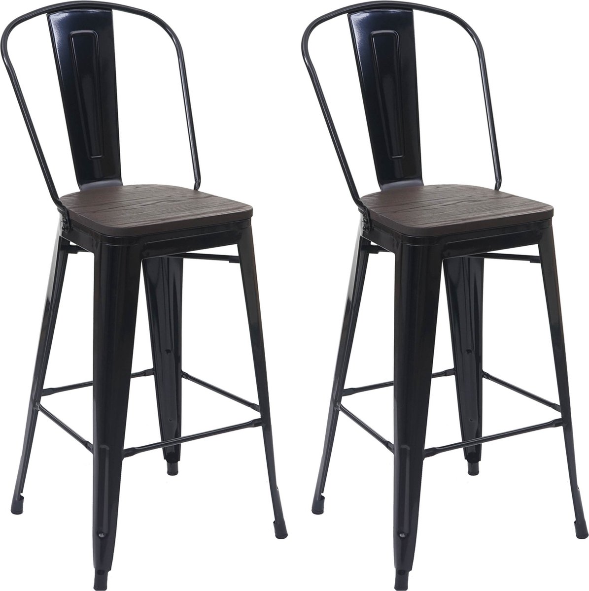 MCW Set van 2 barkrukken MCW-A73 incl. houten zitting, barkruk met rugleuning, metalen industrieel ontwerp ~ zwart