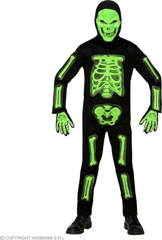 Widmann - Spook & Skelet Kostuum - Glow In Het Volle Maanlicht Skelet Kind Kostuum - Groen, Zwart - Maat 128 - Halloween - Verkleedkleding