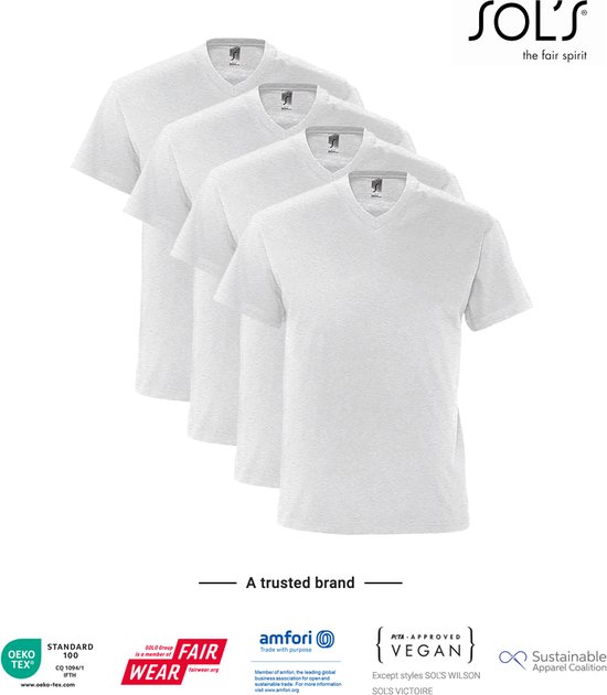 4 Pack SOLS V-hals, Heren T-Shirt 100% katoen V-hals, Licht Grijs gemeleerd Maat L