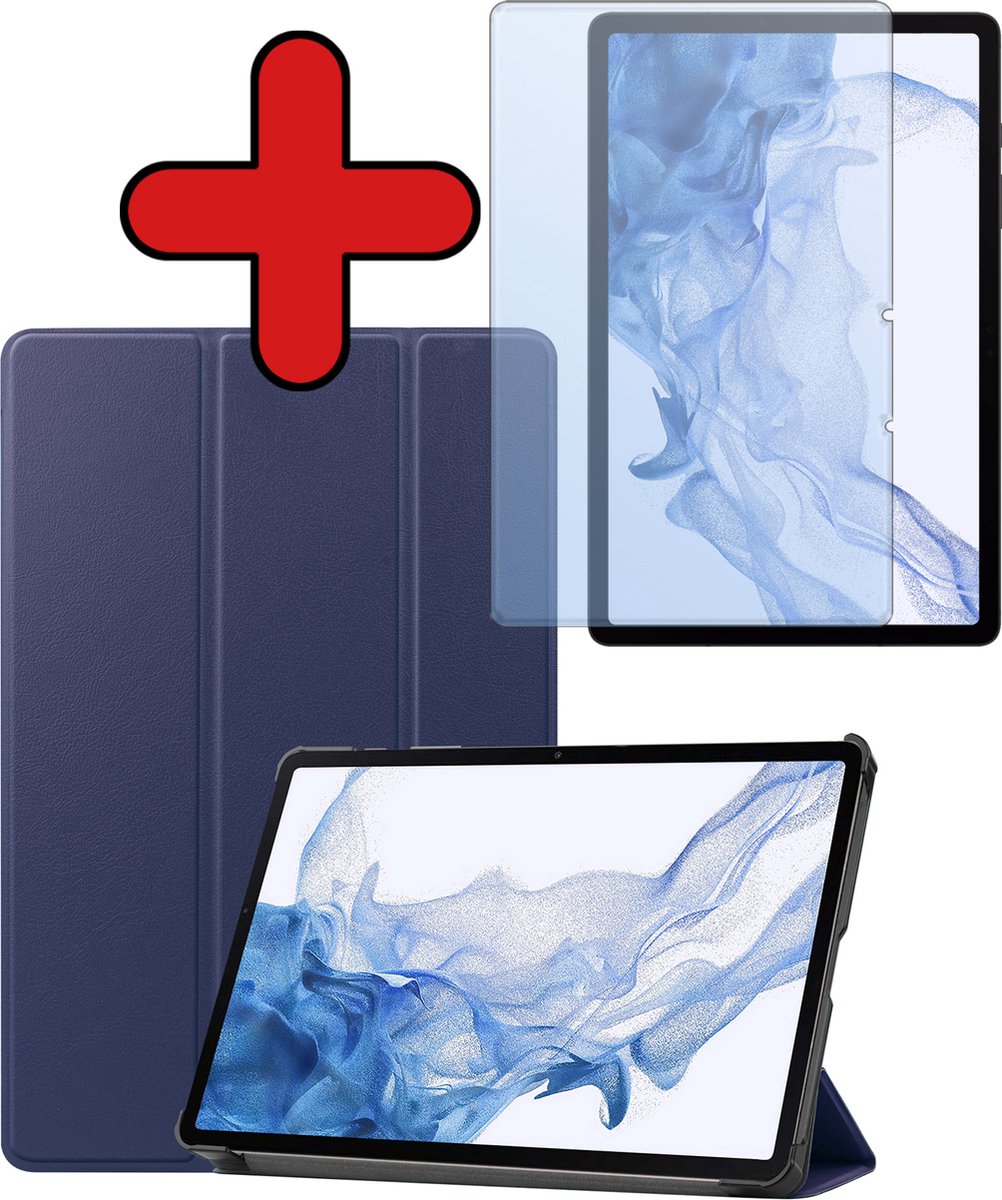 Hoesje - Geschikt voor Samsung Galaxy Tab S9 - Met Screenprotector - Trifold Bookcase Hoes - Hard Cover Case - Met Uitsparing Geschikt voor S Pen - Hardcover Book - Tablethoes - Donkerblauw