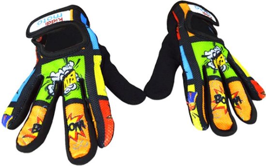 Kiddimoto handschoenen met een comic print in felle kleuren en 'BOOM!' tekst.