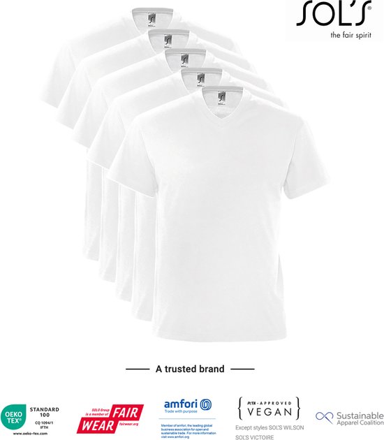 5 Pack SOLS V-hals, Heren T-Shirt 100% katoen V-hals, wit, Maat XL