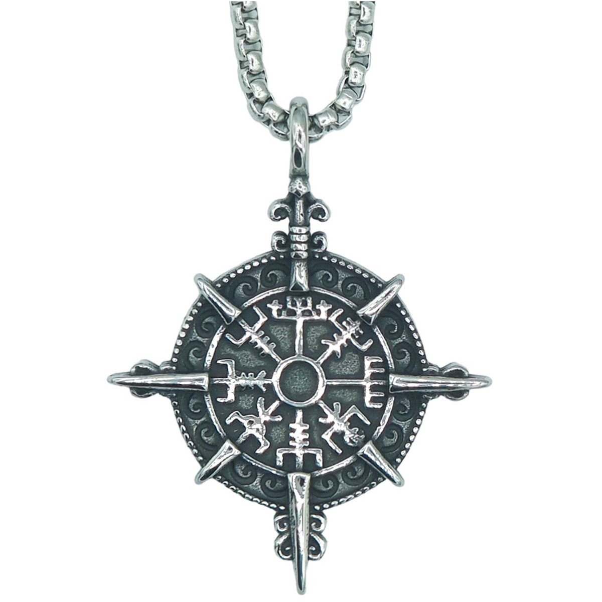 Viking Ketting - Vegvisir Kompas – Edelstaal - L 60 cm, B 3 mm - Hanger 4.7 x 2.5 cm