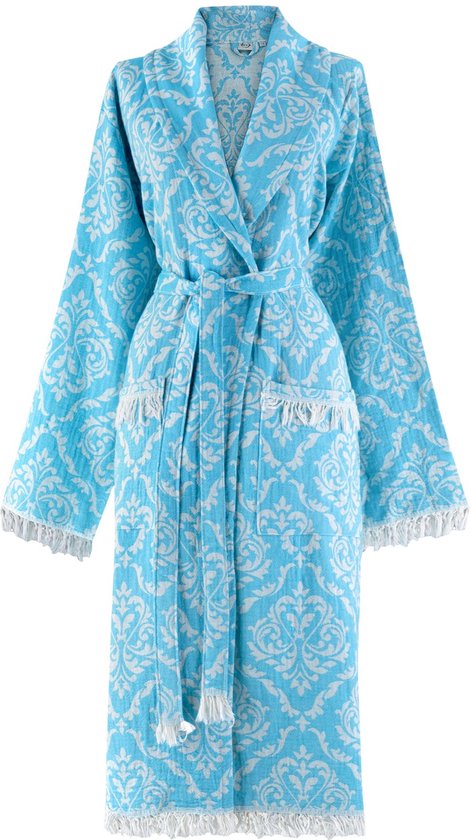 Trimita - Badjas Dames - 100% Turks Katoen - Fair Trade Badjassen - Heerlijk Zacht, Licht en Handgemaakt - Perfect voor Thuis, Sauna of Spa - Maat S/M - Blauw