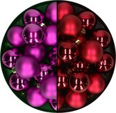 Boules de Noël 32x pcs - mélange rouge foncé/violet - 4 cm - plastique - Décorations de Noël