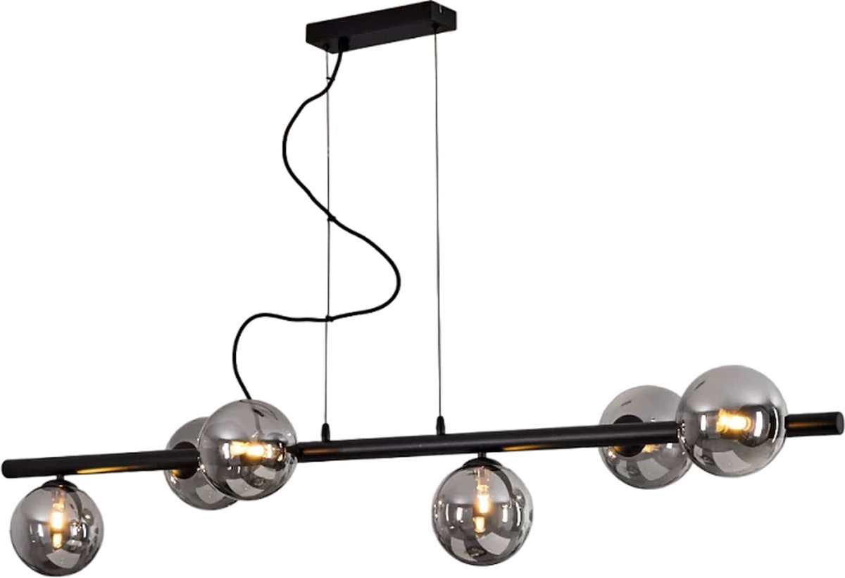 Hanglamp zwart, 6 lichtbronnen Chroom, rookkleur - hanglamp voor eetkamer, rechthoekige hanglamp, Chroom, rookkleur bol plafond woonkamer verlichting, keukeneiland eetkamer decoratieve hanglamp