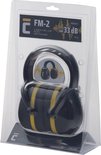 Zwarte en gele gehoorkappen in verpakking, met tekst "FM-2" en "33 dB".