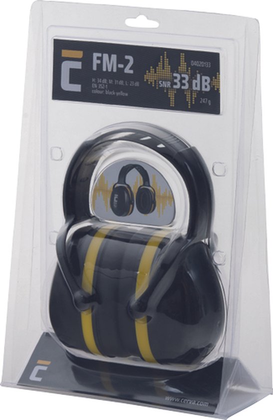 Zwarte en gele gehoorkappen in verpakking, met tekst "FM-2" en "33 dB".