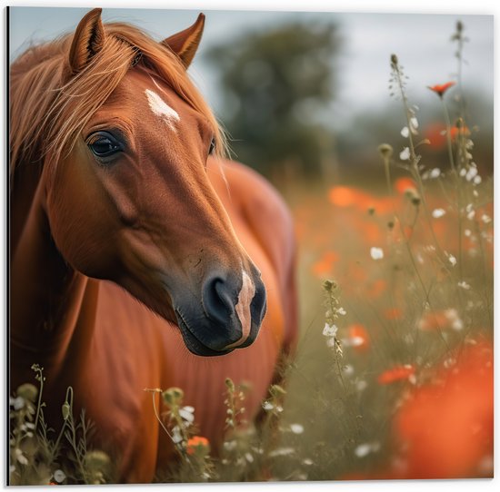 Dibond - Bruin paard staat in weiland met rode klaprozen - 50x50 cm Foto op Aluminium (Wanddecoratie van metaal)