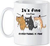 Koffie beker - thee mok tekst It`s fine I`m fine everyting is fine - grappige katten