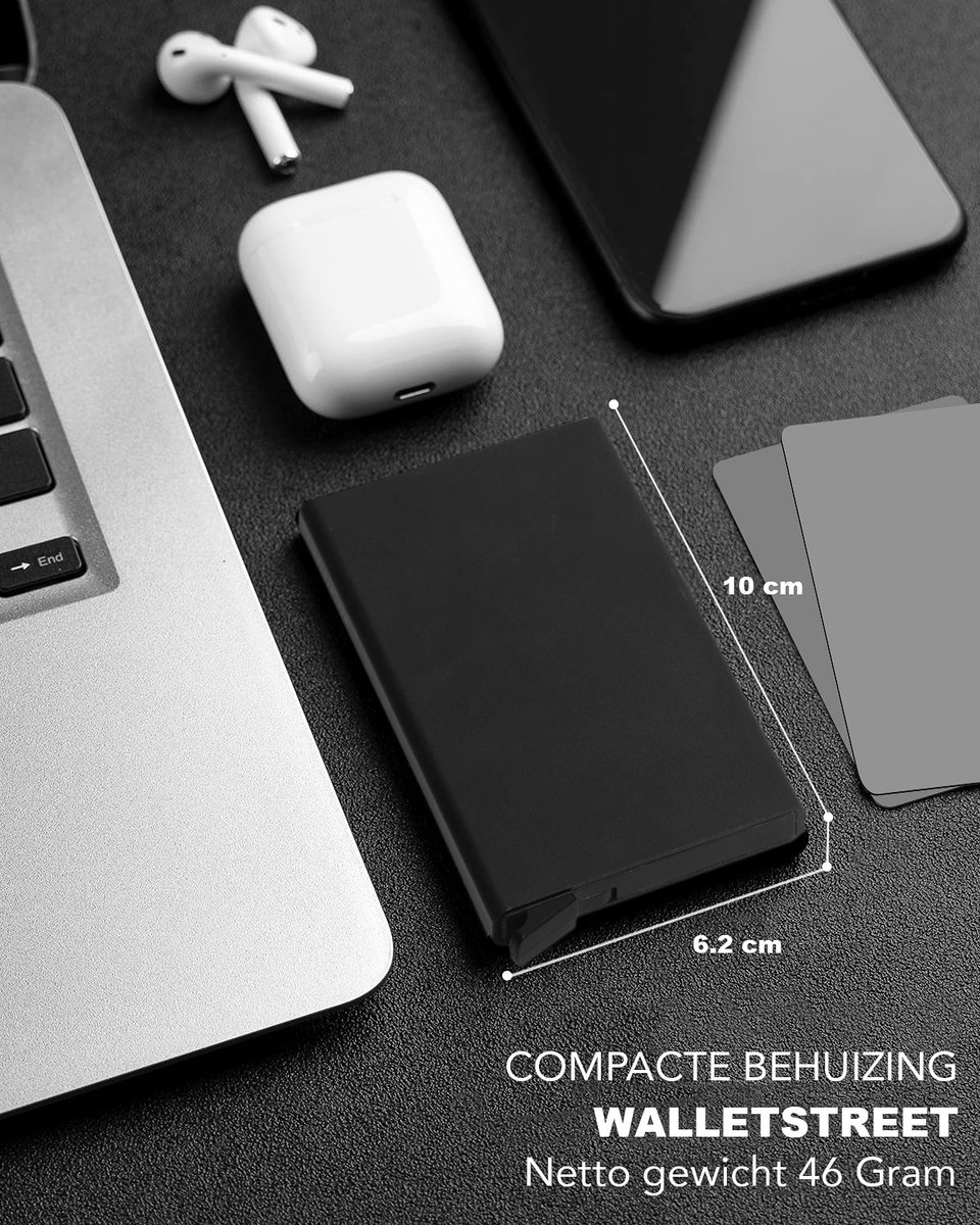 Walletstreet Uitschuifbare Pasjeshouder - Walletstreet Aluminium Creditcardhouder Card Protector Anti-Skim/ RFID Card Protector 8 Pasjes – Zwart Black — cadeau in Mode & Accessoires - foto 2