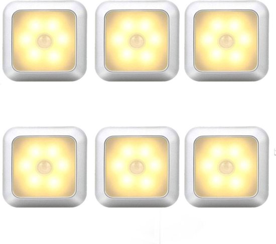 6 stuks LED Lamp met Bewegingssensor - Warm Wit - Nachtlamp op Batterij - Draadloos Sensor - Kastverlichting - Trapverlichting - Nachtlampje - Aluminium