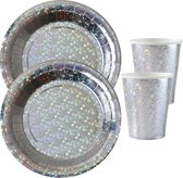 Set de vaisselle jetable Fête - paillettes - 20x assiettes / 20x gobelets - argent