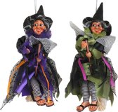 Halloween decoratie heksen pop op bezem - 2x - 25 cm - paars/groen