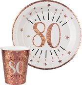 Verjaardag feest bekertjes en bordjes leeftijd - 20x - 80 jaar - rose goud - karton