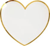 Santex wegwerpbordjes hartje - Bruiloft - 10x stuks - 23 cm - wit/goud