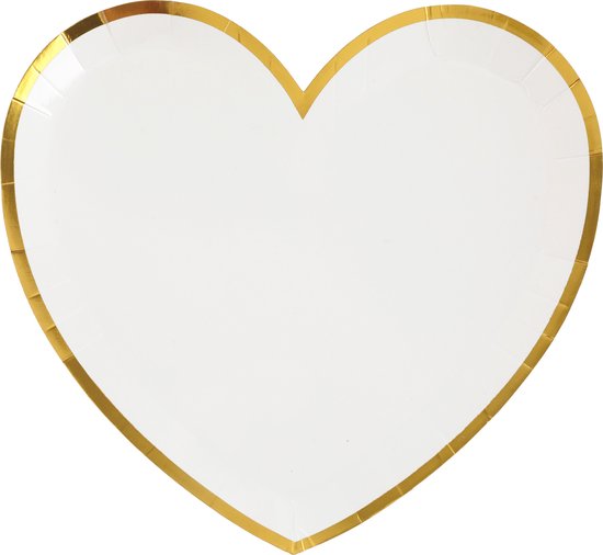 Santex wegwerpbordjes hartje - Bruiloft - 10x stuks - 23 cm - wit/goud