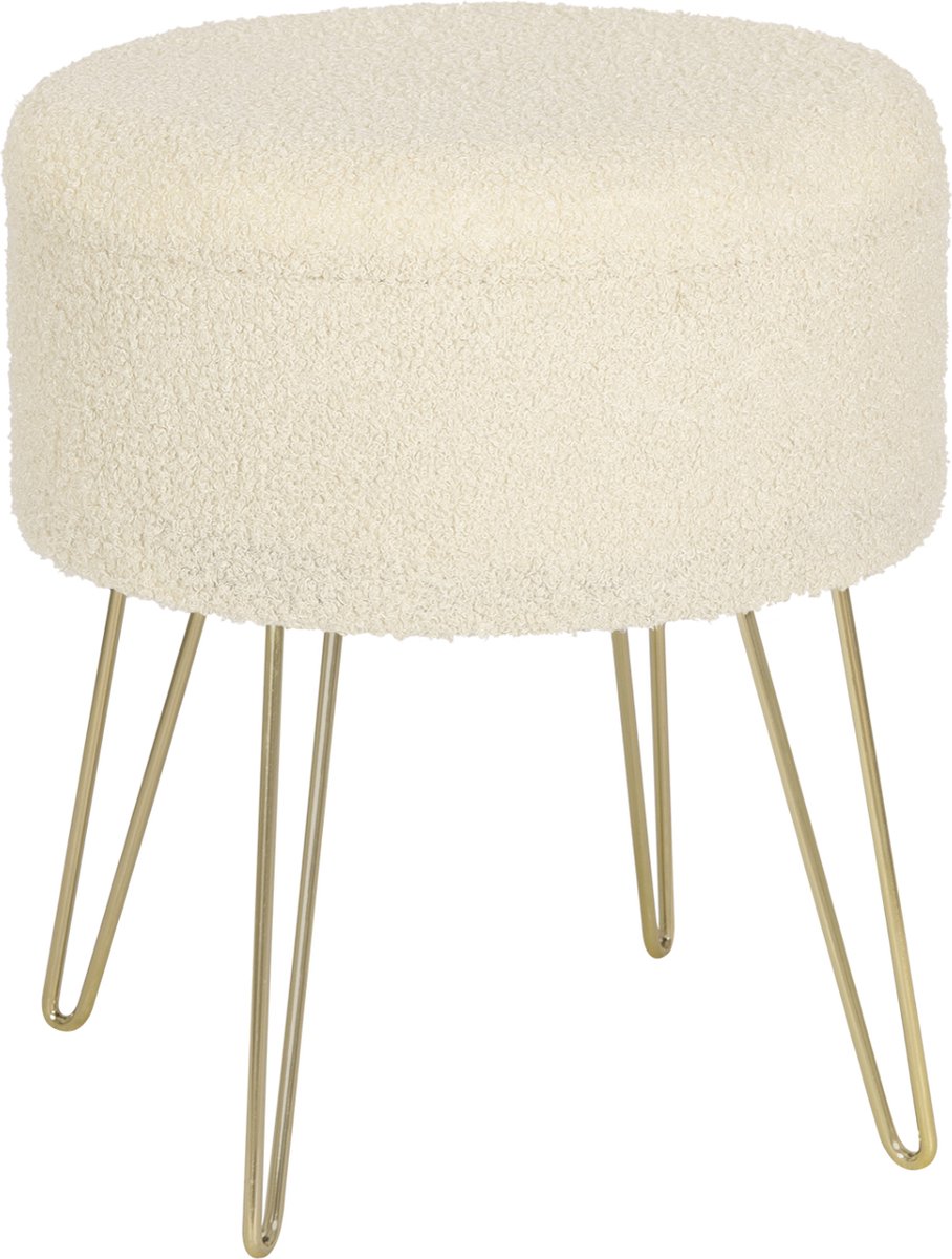 Luxe Poef Feri - Met opbergruimte - Rond - Voetenbank met opbergruimte - Opbergbox hocker - Zitkist met deskel - Beige - Teddy - 39x39x44 cm