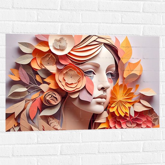 Muursticker - Vrouwen Gezicht met Papieren Bloemen en Bladeren - 90x60 cm Foto op Muursticker