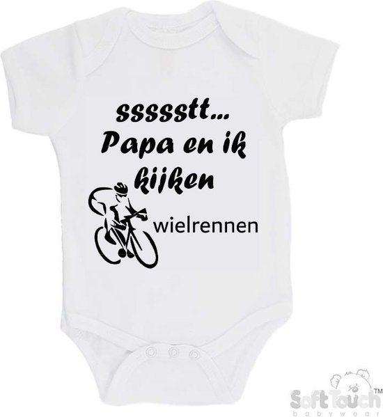 Barboteuse Soft Touch "sssstt... Papa et moi regardons faire du vélo" Unisexe Katoen Wit/noir 62/ 68