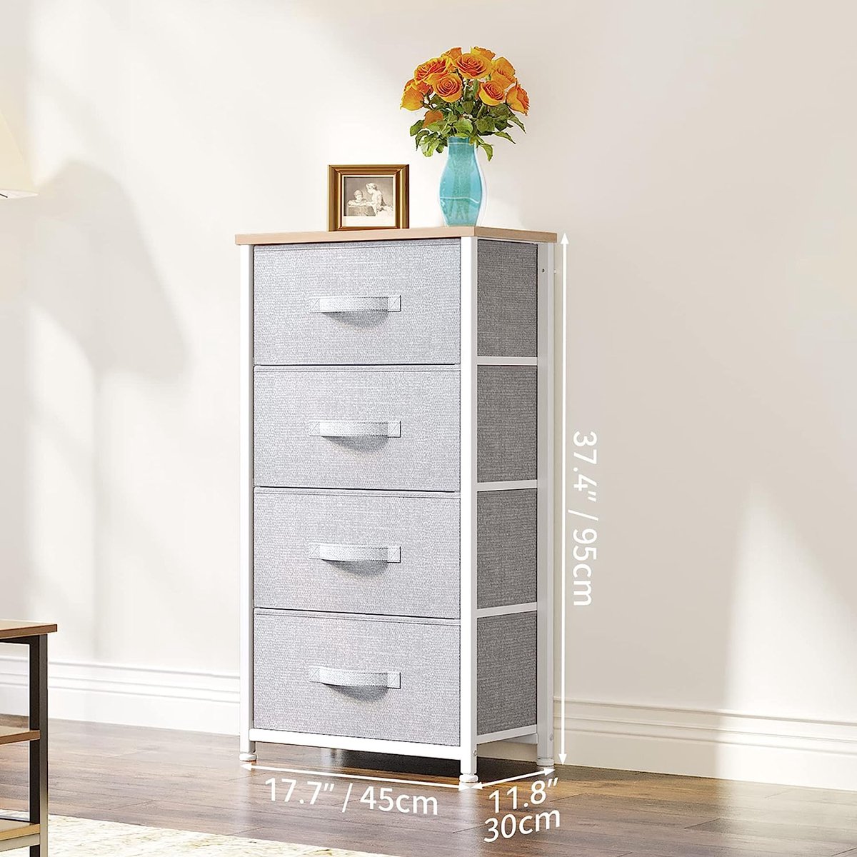 Ladekast Slaapkamer, Ladekast, Dressoir Met 4 Stoffen Lades, Metalen