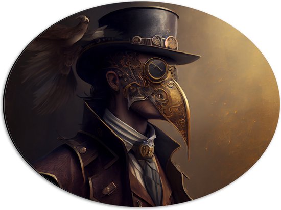 Dibond Ovaal - Zijaanzicht van Man met Zwarte Hoed en Goud Masker - 56x42 cm Foto op Ovaal (Met Ophangsysteem)